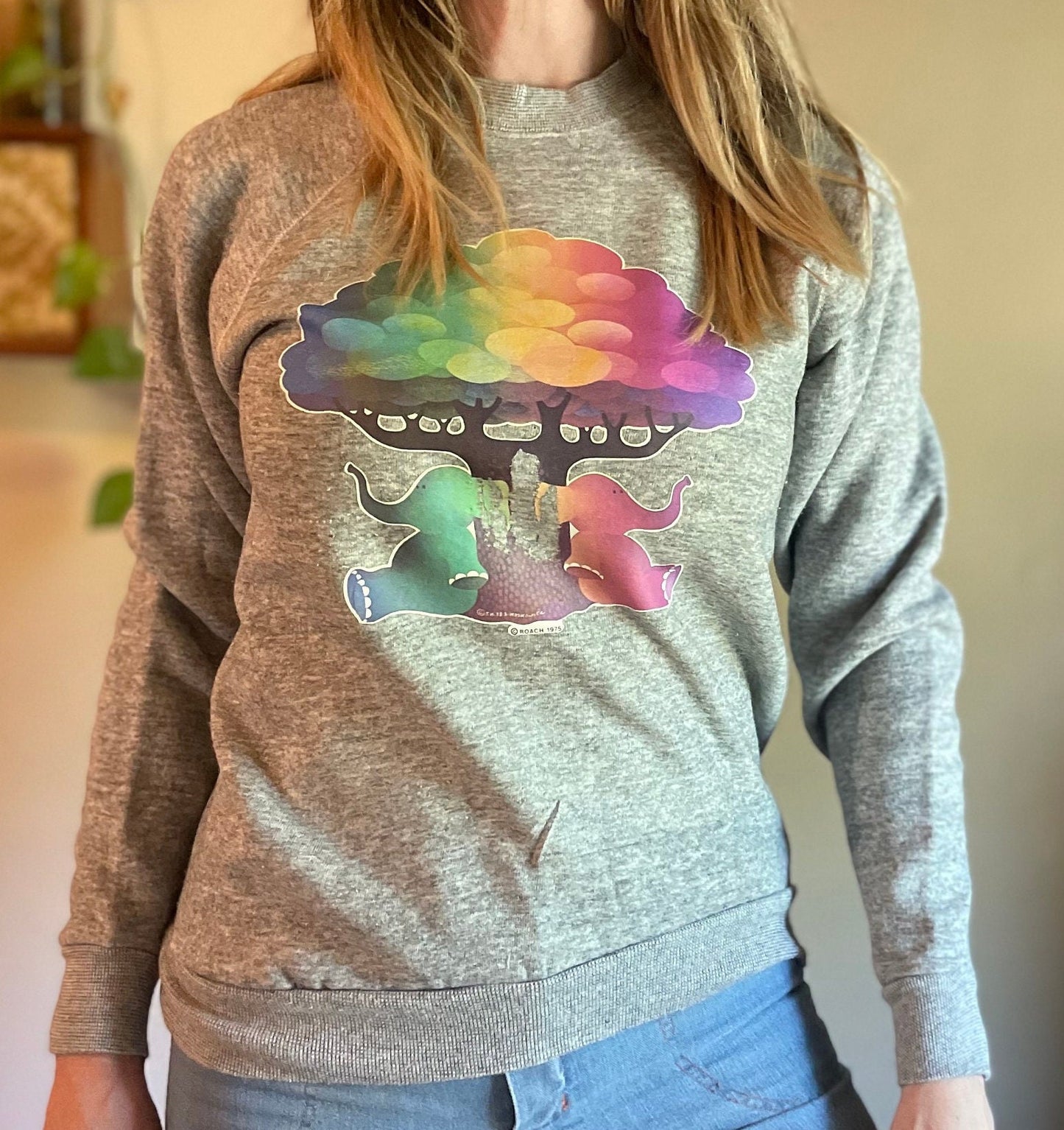 vtg 70s psychedelic elephants clouds trees gray tri blend sweatshirt retro graphic tee neon pop art hippie fitted sweater roach iron on 75