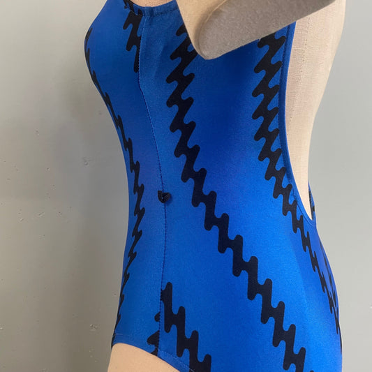 vtg 80s ZIG ZAG ELECTRIC Blue Gym Top // vintage abstract pop art two tone one piece leotard tank lowcut retro high cut bodysuit unitard