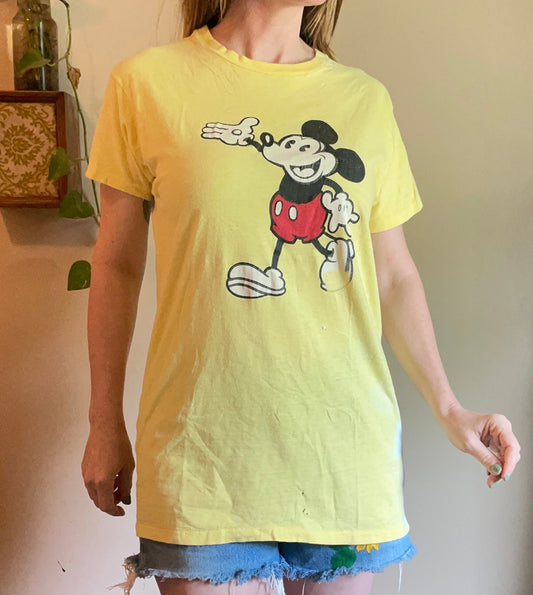 vtg 70s OLD SCHOOL MICKEY Mouse // vintage yellow distressed t shirt pop culture icon disney baggy oversized graphic tee soft nightie shirt