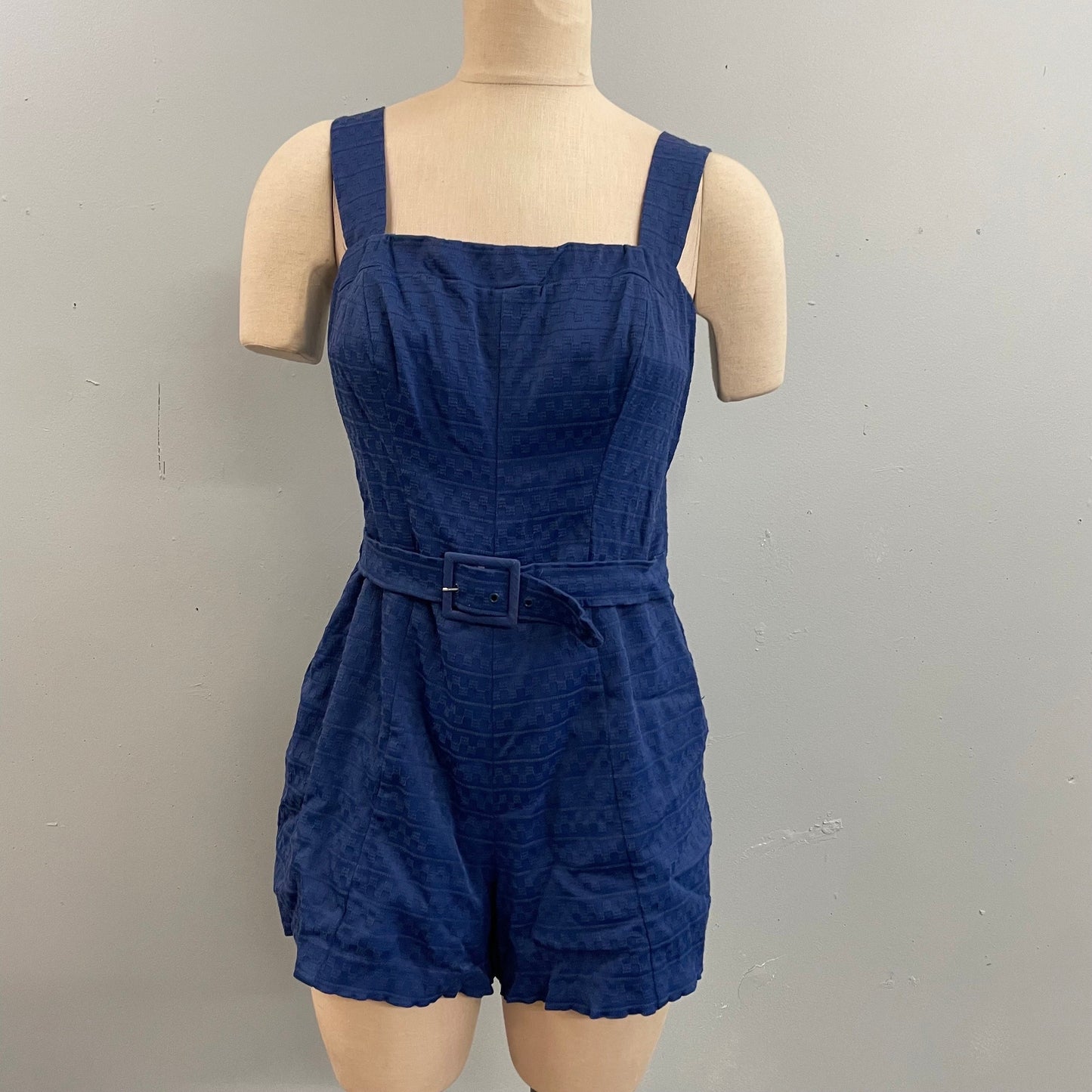 vtg 40s Rose Marie Reid swimsuit navy blue belted rayon playsuit textured geometric printed swimsuit rockabilly pin up beach wear tank dress