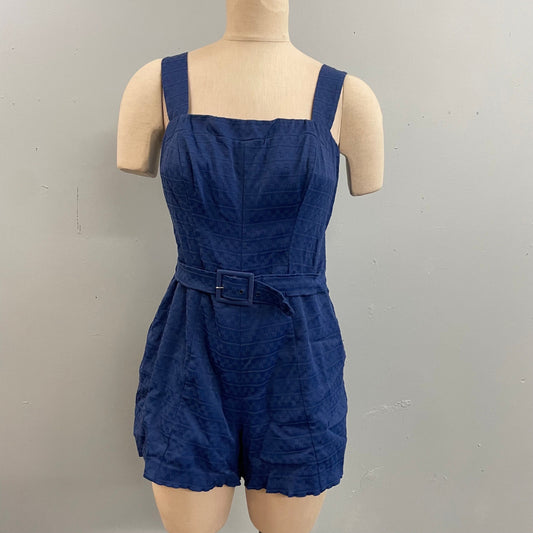 vtg 40s Rose Marie Reid swimsuit navy blue belted rayon playsuit textured geometric printed swimsuit rockabilly pin up beach wear tank dress