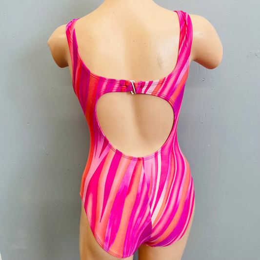 vtg 1960s 70s pink psychedelic swirl cut out back swimsuit & mini skirt beach cover up