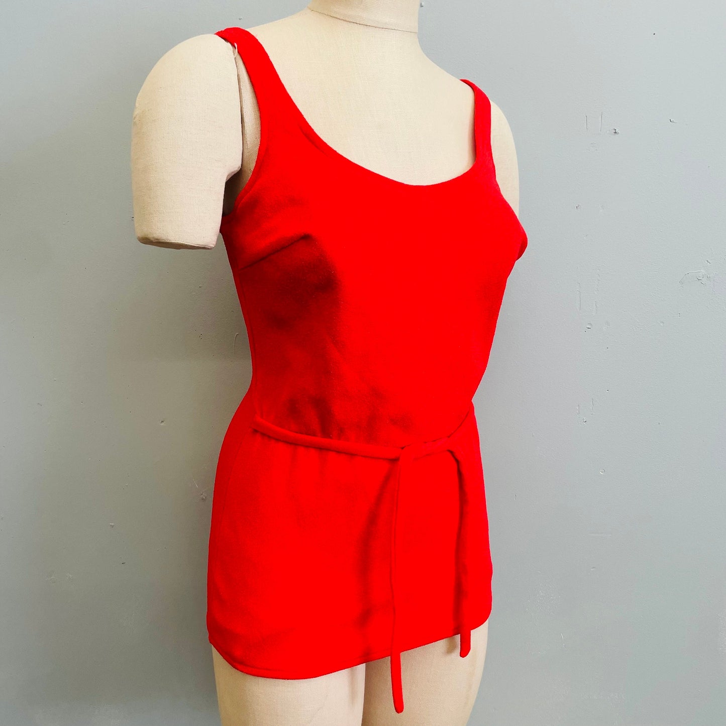 vtg 60s LIPSTICK RED SWIMSUIT // vintage sexy tight belted playsuit pin up marilyn monroe hot nylon bombshell pool party low cut back romper