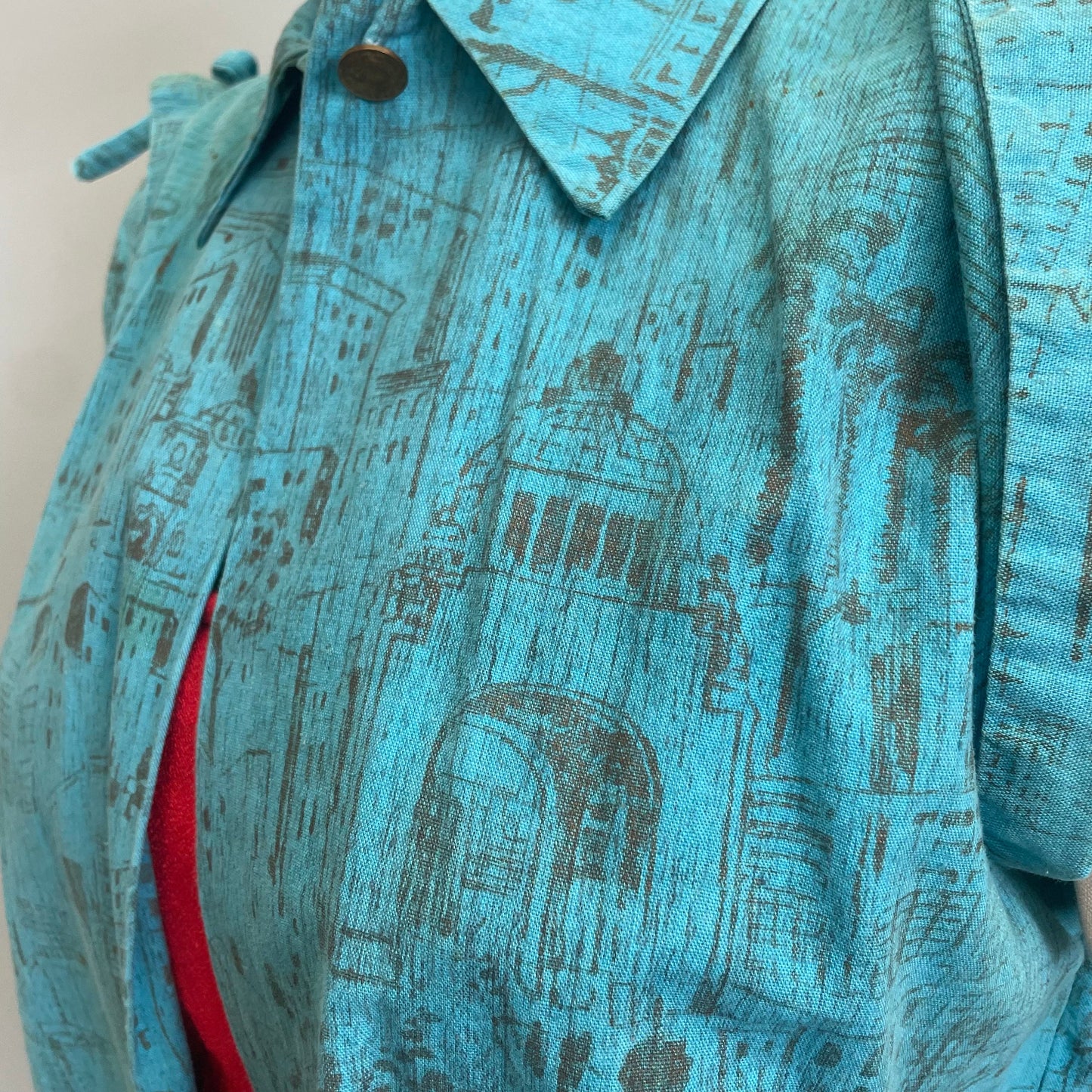 vtg 1940s La Moda Acapulco cotton tent jacket city building printed cotton pointy collar smock with pockets