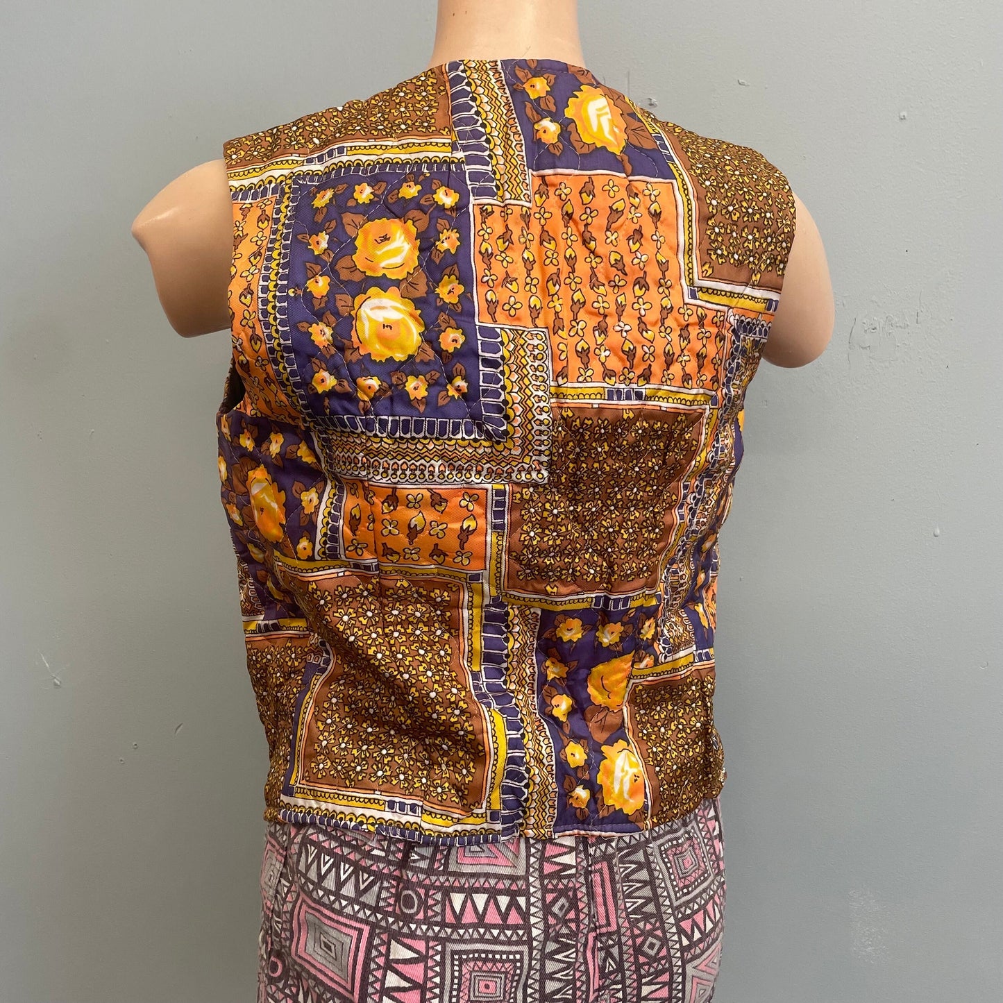 vtg 70s psychedelic lightly quilted vest gold purple retro beach cover up hippie rocker bohemian style