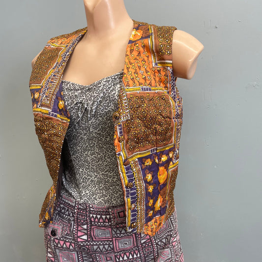 vtg 70s psychedelic lightly quilted vest gold purple retro beach cover up hippie rocker bohemian style