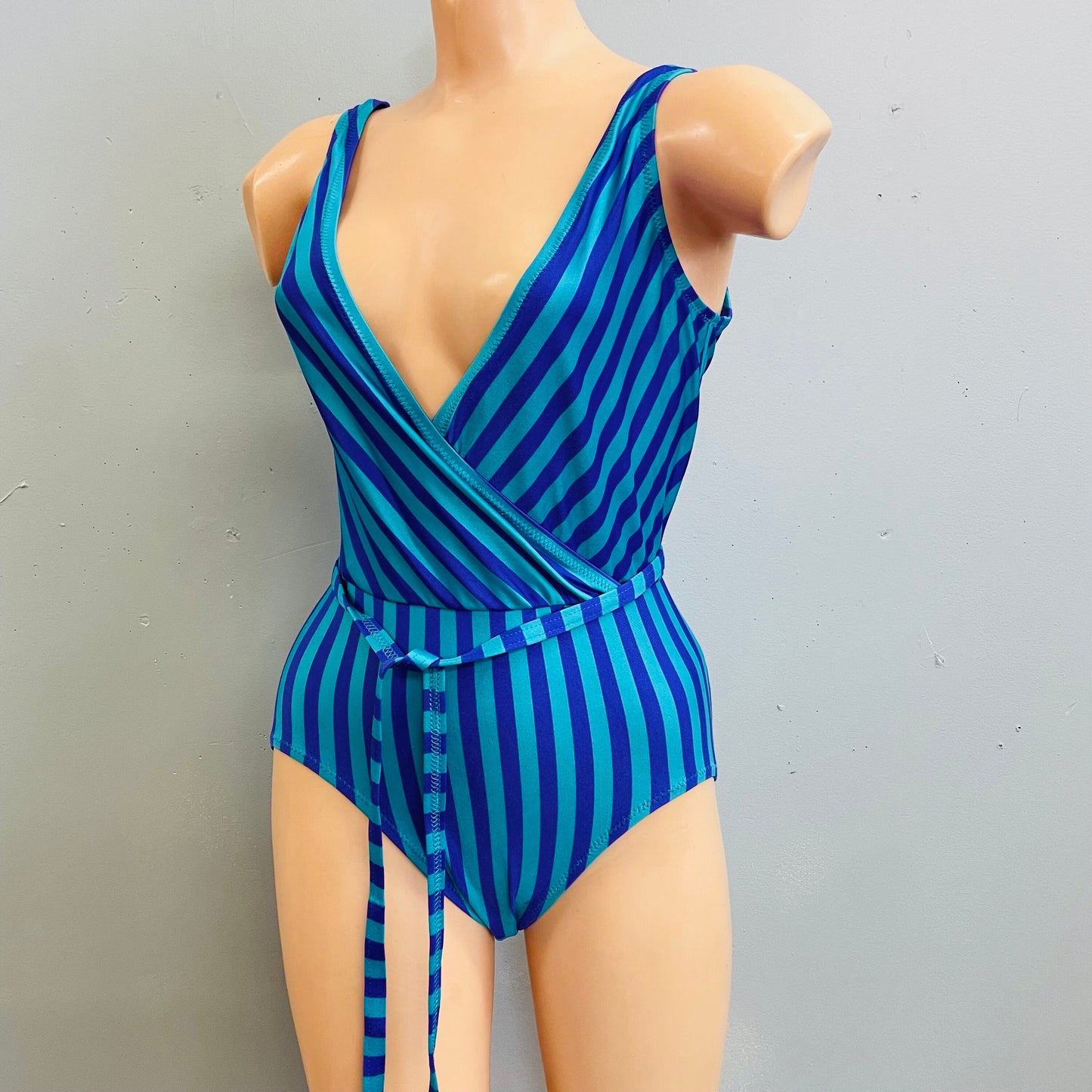 vtg 1970s 80s shiny striped deep v swimsuit low cut blue & purple belted tank bathing suit leotard unitard bodysuit playsuit retro glam