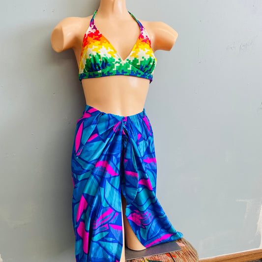 vtg 1970s swim skirt bathing suit cover up bright psychedelic wrap skirt nylon stained glass abstract print midi skirt summer beach wrap