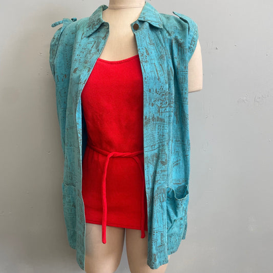 vtg 1940s La Moda Acapulco cotton tent jacket city building printed cotton pointy collar smock with pockets