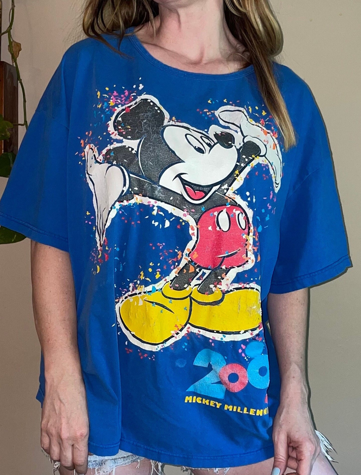 vtg MICKEY MOUSE Y2K 2000's Celebration Shirt // vintage confetti XL distressed baggy paper thin t shirt cartoon pop culture 90s grunge pjs
