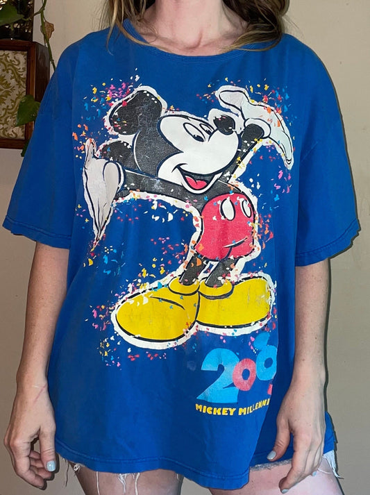 vtg MICKEY MOUSE Y2K 2000's Celebration Shirt // vintage confetti XL distressed baggy paper thin t shirt cartoon pop culture 90s grunge pjs