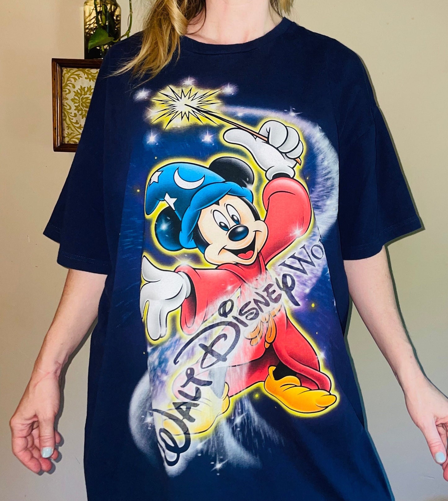 vtg 90s DISNEY FANTASIA WIZARD // vintage  magic kingdom mickey mouse disney world sleeper tee long t shirt dress big face rap tee xl baggy