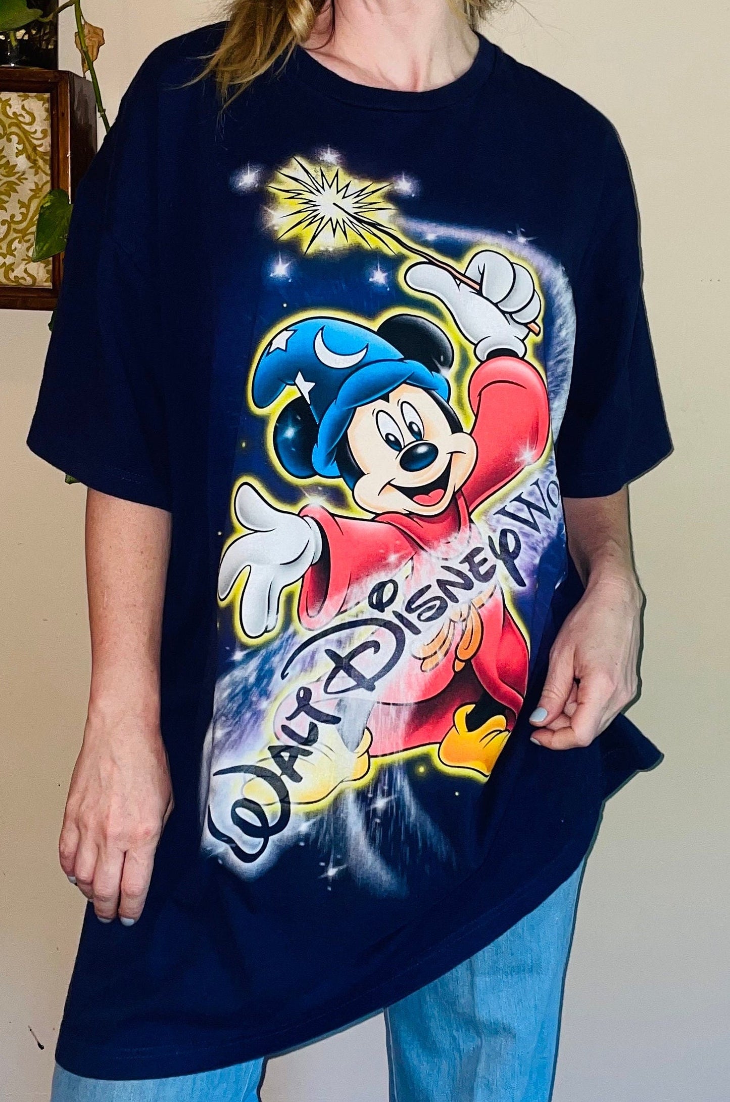 vtg 90s DISNEY FANTASIA WIZARD // vintage  magic kingdom mickey mouse disney world sleeper tee long t shirt dress big face rap tee xl baggy