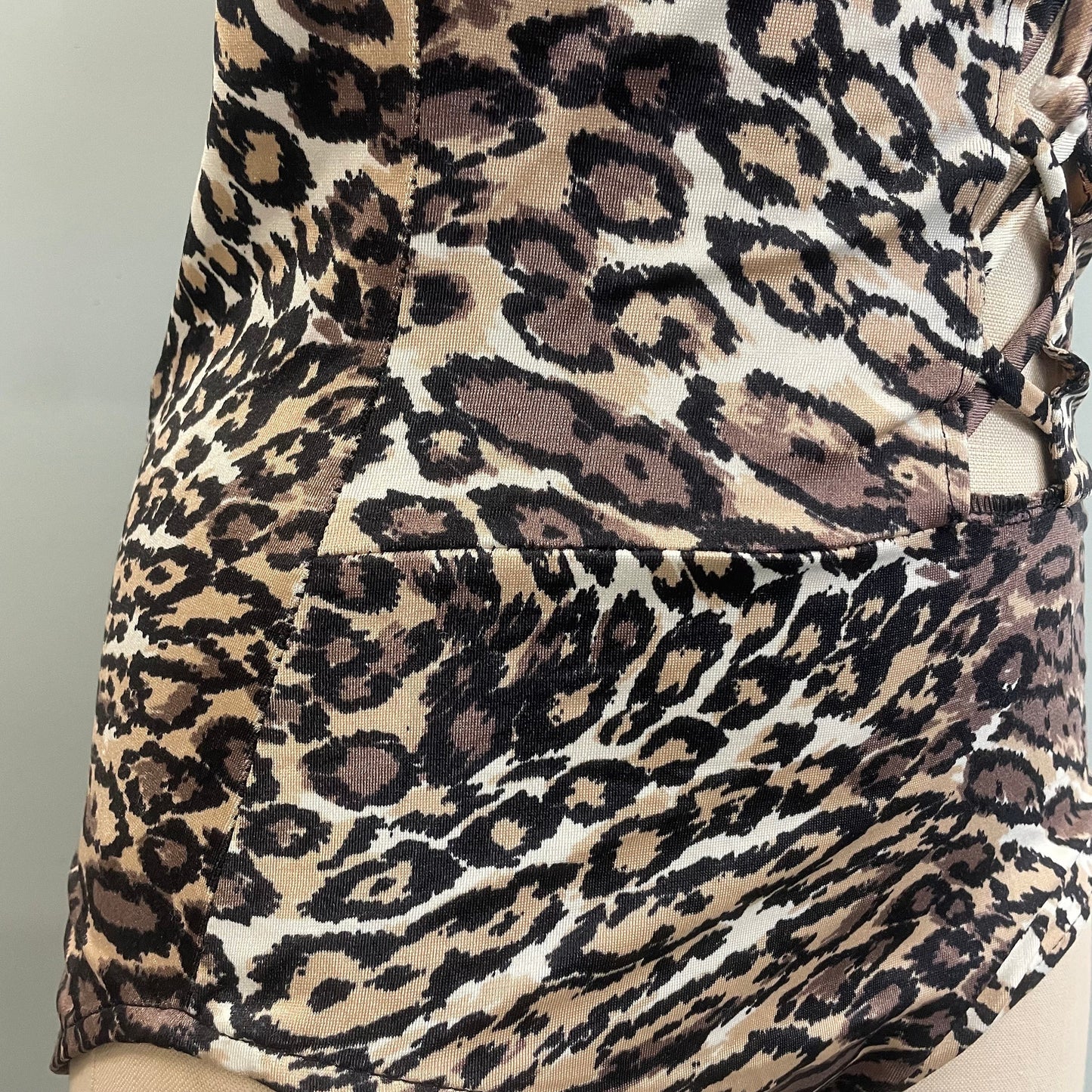 vtg 70s CUT OUT SWIMSUIT // vintage low cut back lace up leopard spot retro disco playsuit one piece bathing suit sexy animal print bodysuit