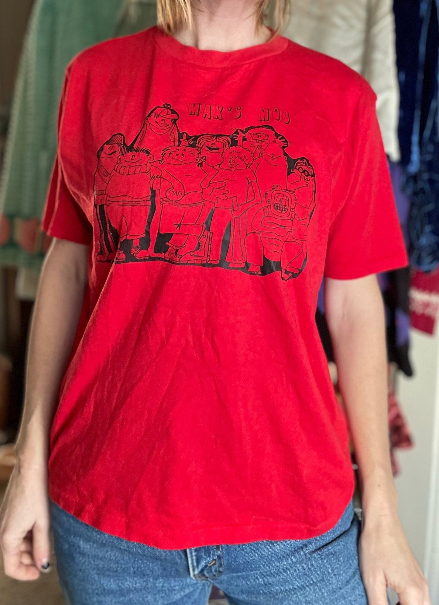 vtg 80s MAXS MOB SHIRT // vintage 80s numbered sports player shirt red cartoon illustrated fat albert style school house rock retro graphic