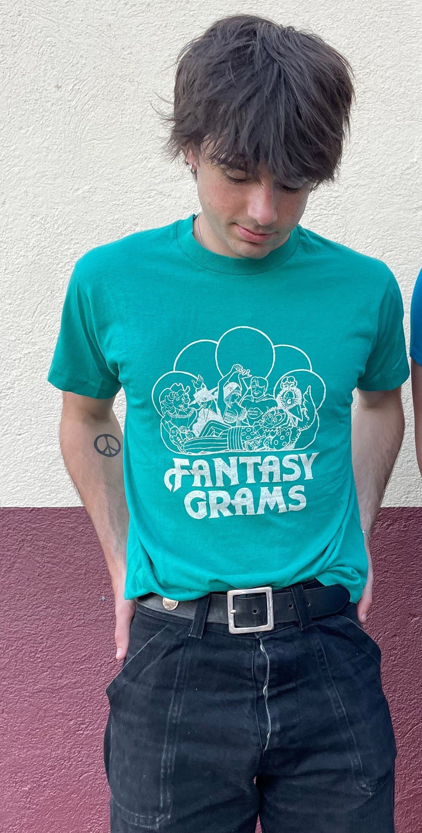 vtg 80s FANTASY GRAMS GRAPHIC Tee // vintage telegram service screen stars medium teal minneapolis single stitch paper thin soft t shirt