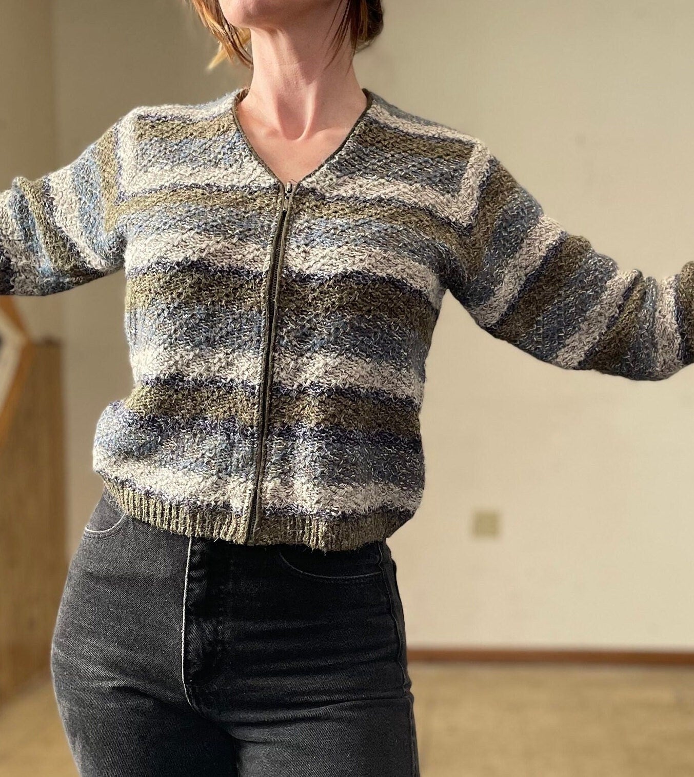 vtg 90s FITTED SILK SWEATER // vintage phoebe buffay style womens small zip up textured striped knit cardigan casual neutral tones winter