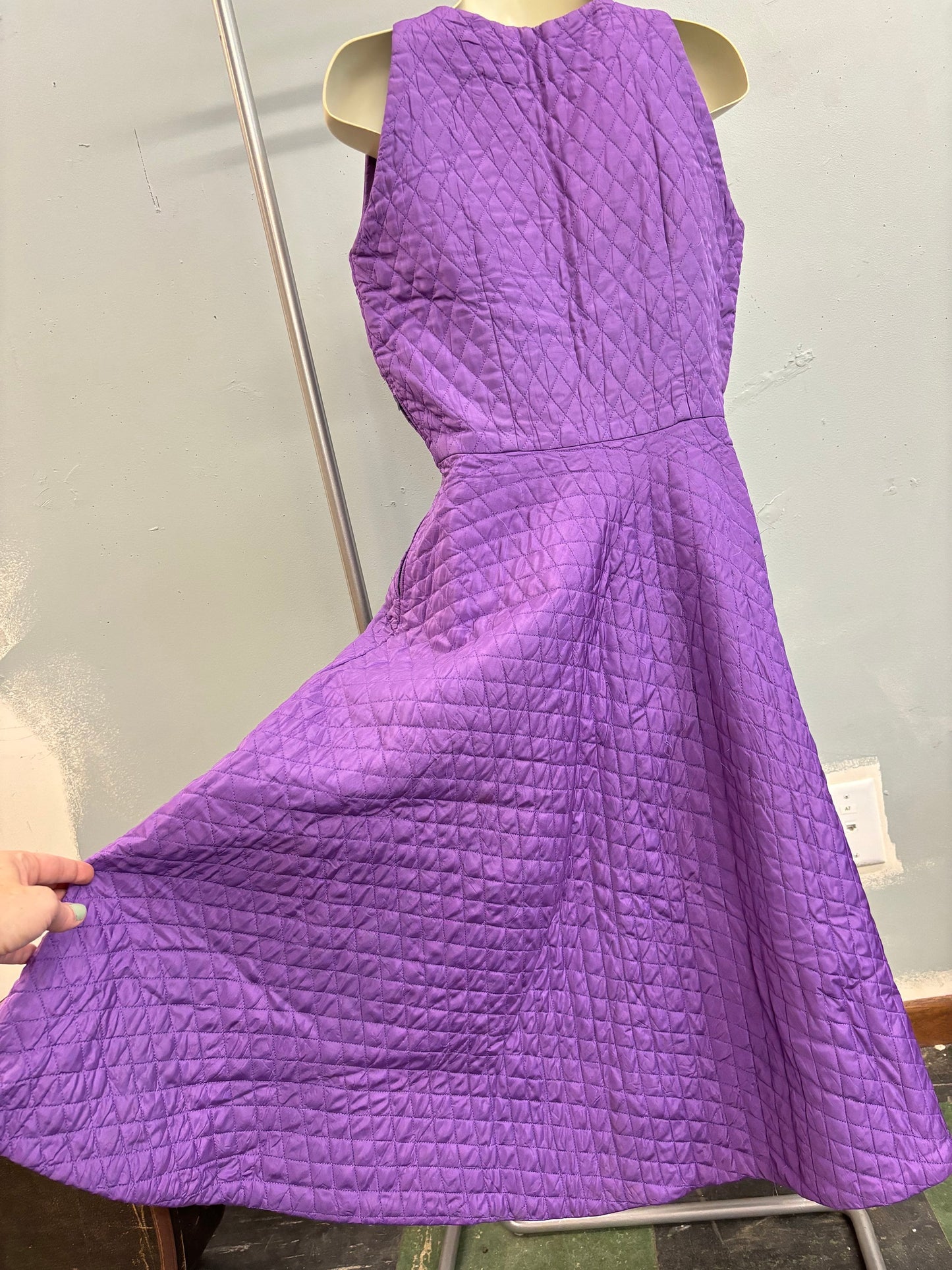 vtg 40s QUILTED PURPLE DRESS // vintage fit n flare dress homemade side zip 50s day dress amethyst jewel tone womens xs autumn winter style
