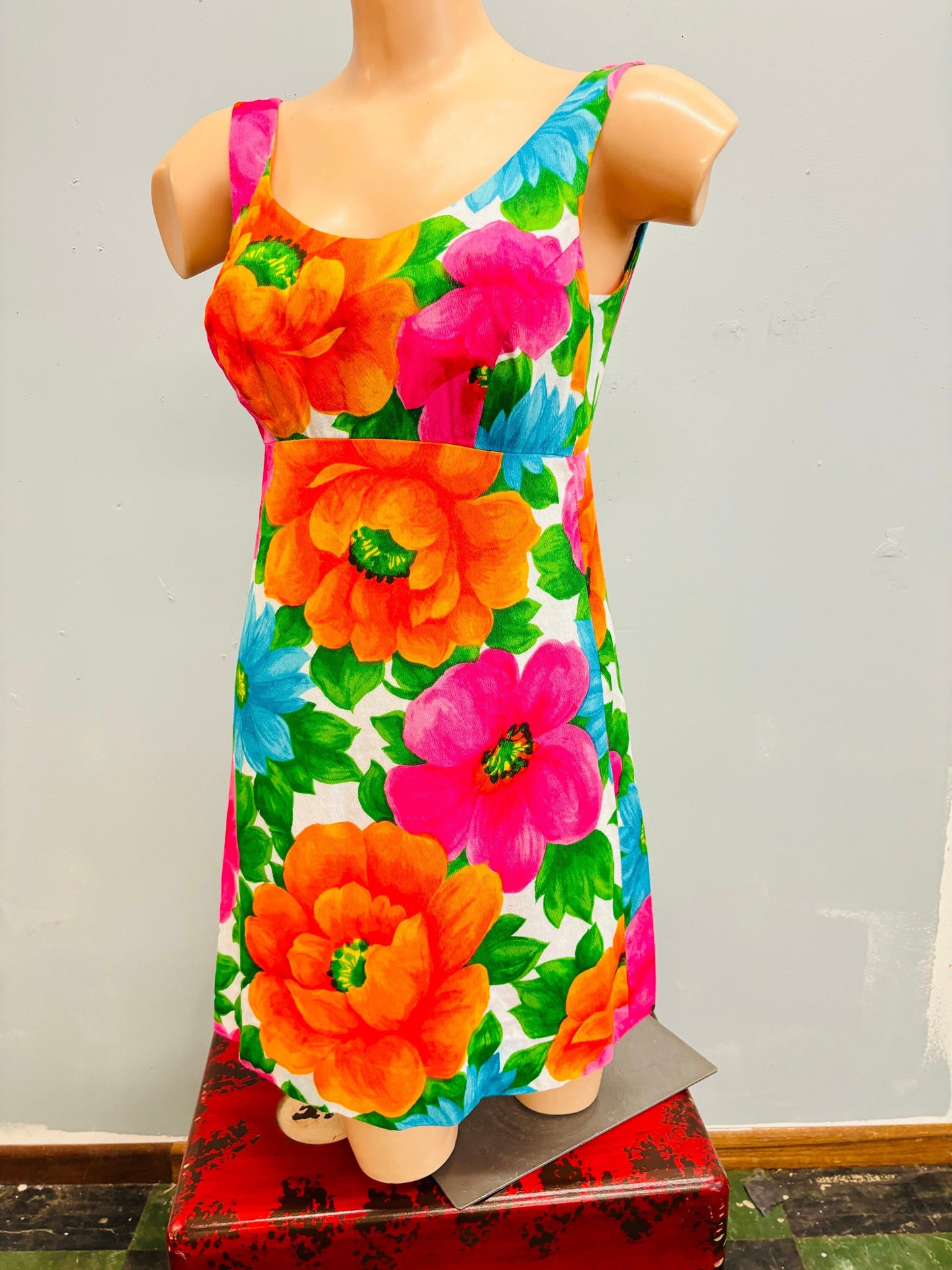 vtg 60s FLORAL RAYON MINI Dress / vintage Alice polynesian mini dress womens xs rayon crepe tank dress bright floral hawaiian barkcloth sexy