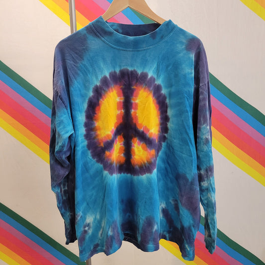 vtg 90s TIE DYE HIPPIE shirt // vintage y2k long sleeve peace sign psychedelic colorful comfy single stitch large sundog retro bright funky
