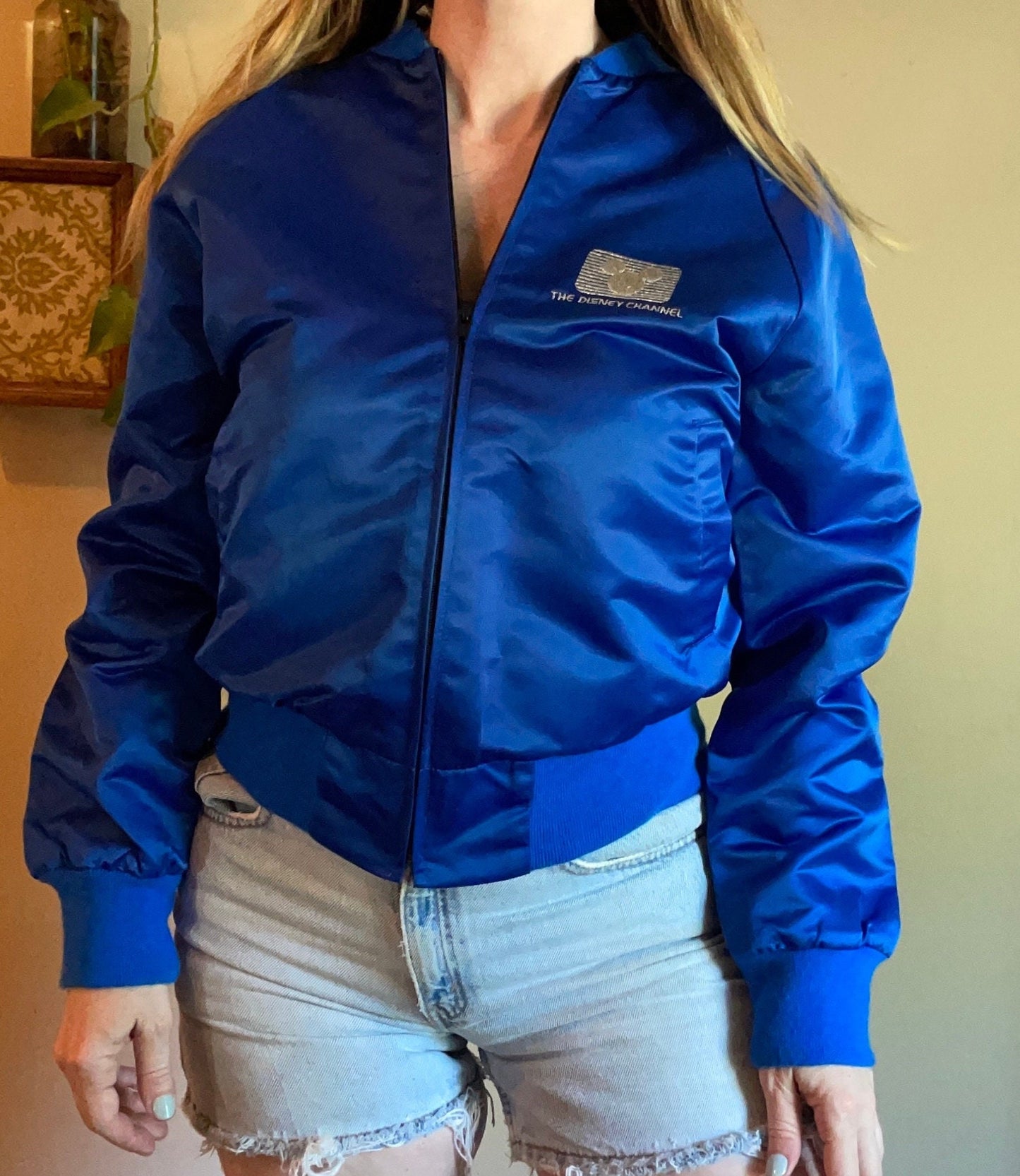vtg 80s DISNEY CHANNEL BOMBER // vintage mickey mouse the cloth tattoo womens small retro tv show cute cropped blue satin bomber jacket