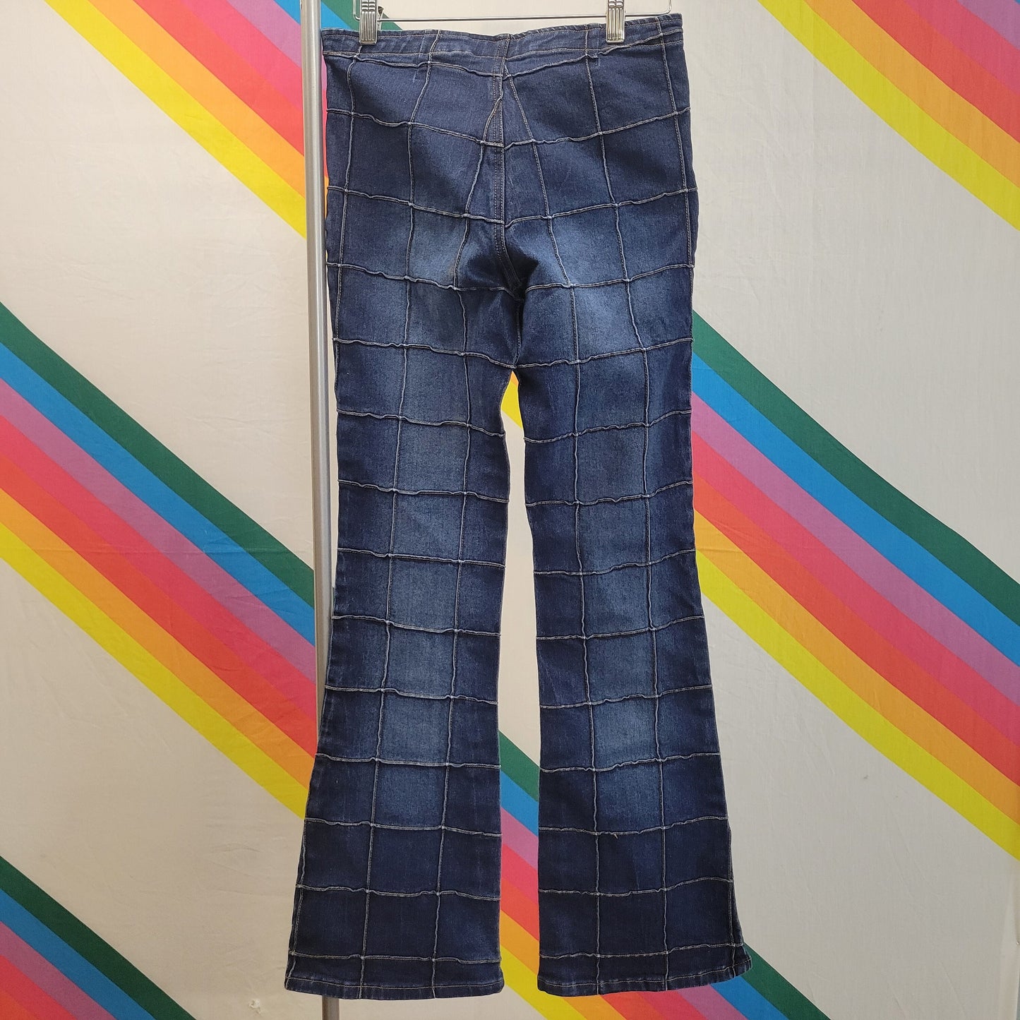 vtg 90s PATCHWORK FLARE JEANS // vintage lazer vintage 27 geometric bell bottom trendy womens jeans britney spears 2000 mtv dance hip hop