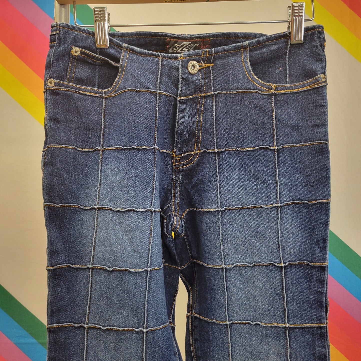 vtg 90s PATCHWORK FLARE JEANS // vintage lazer vintage 27 geometric bell bottom trendy womens jeans britney spears 2000 mtv dance hip hop