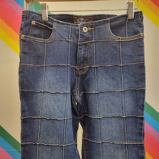 vtg 90s PATCHWORK FLARE JEANS // vintage lazer vintage 27 geometric bell bottom trendy womens jeans britney spears 2000 mtv dance hip hop
