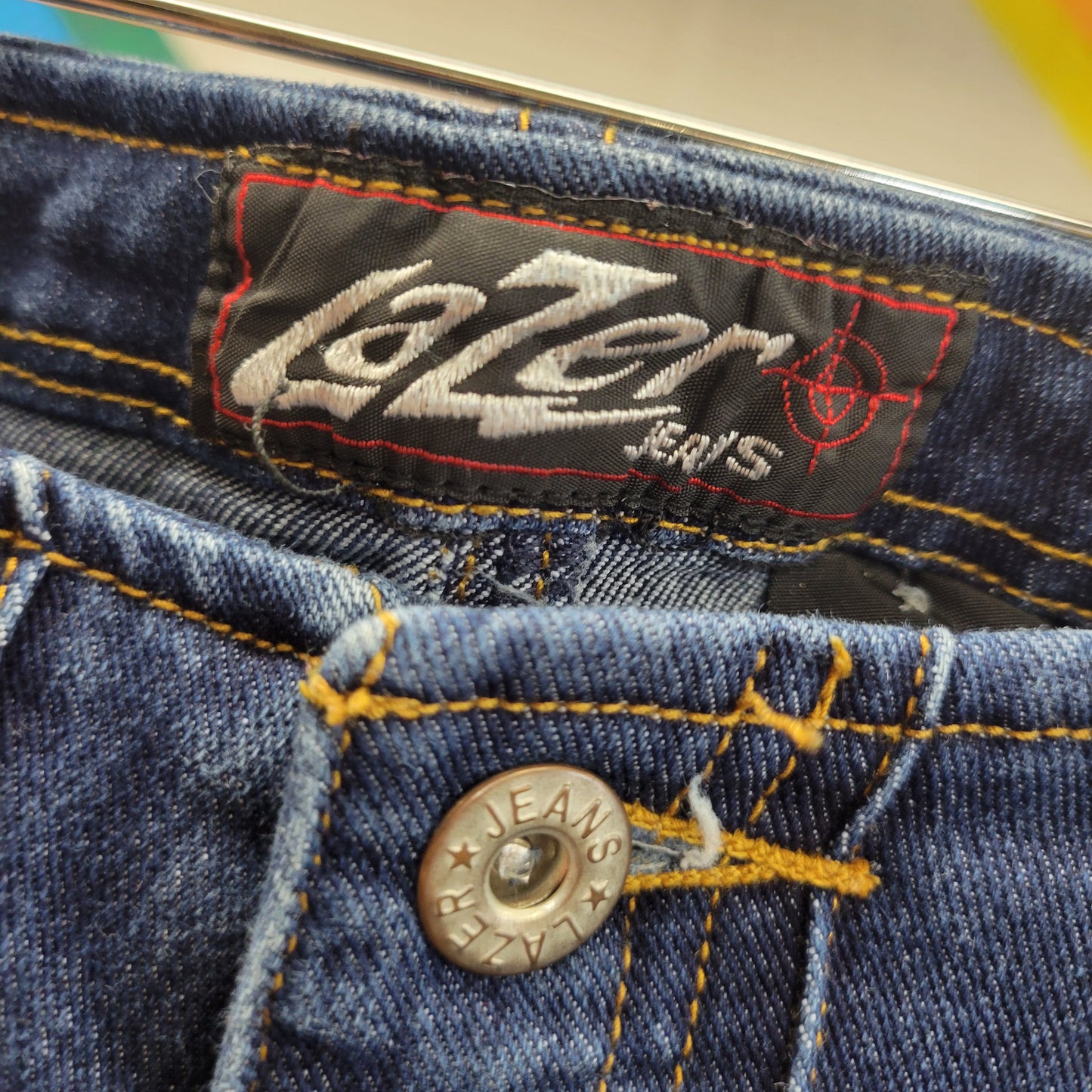 vtg 90s PATCHWORK FLARE JEANS // vintage lazer vintage 27 geometric bell bottom trendy womens jeans britney spears 2000 mtv dance hip hop