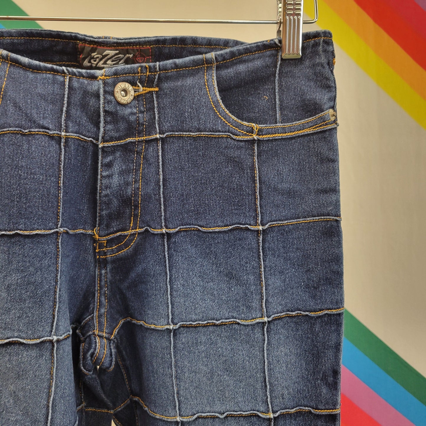 vtg 90s PATCHWORK FLARE JEANS // vintage lazer vintage 27 geometric bell bottom trendy womens jeans britney spears 2000 mtv dance hip hop