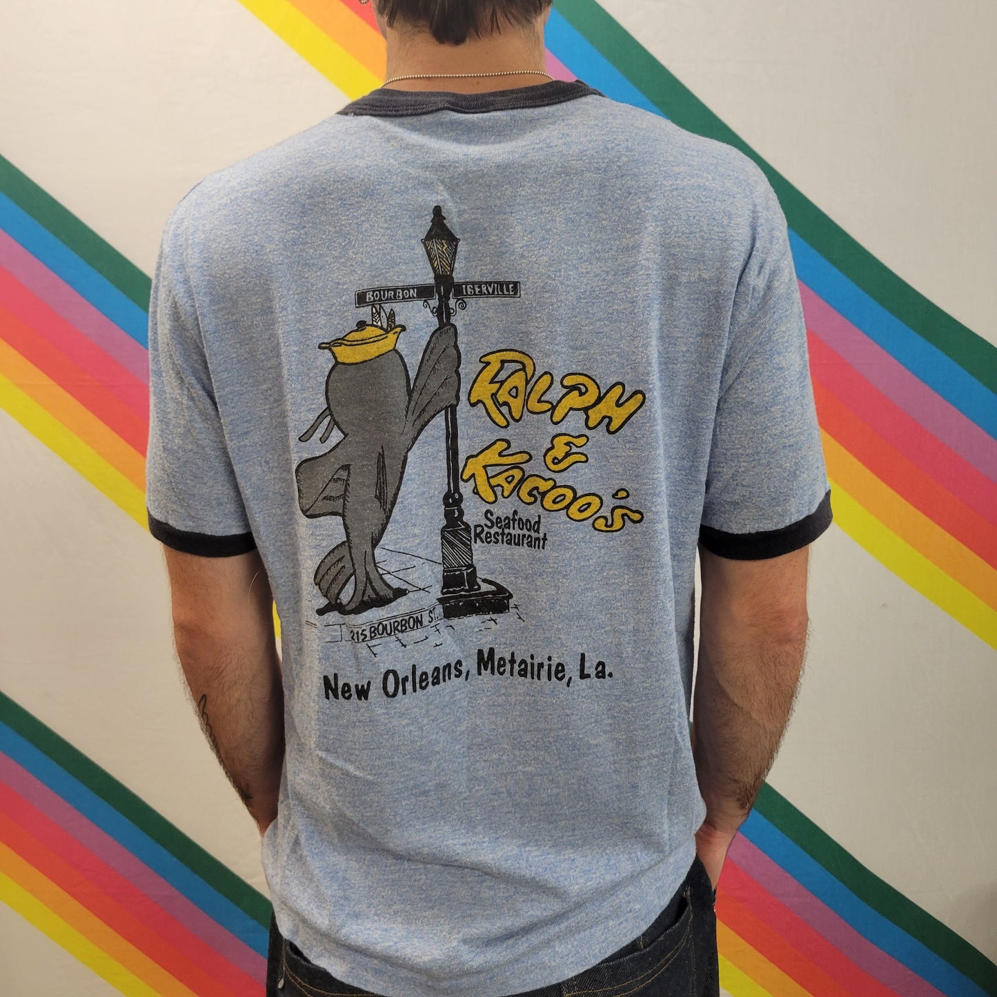 vtg 70s RALPH & KACOOS SHIRT // vintage seafood restaurant ringer new orleans louisiana bourbon street diamond soft thin mens large catfish