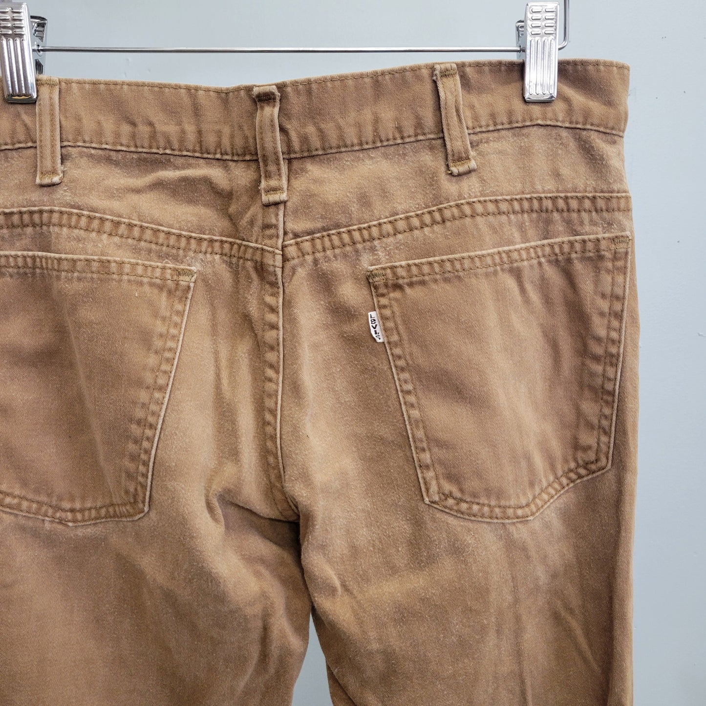 vtg 70s BROWN LEVIS JEANS / vintage distressed soft cotton flares khaki beige flare hippie rustic brown boot cut pants white tab earth tones