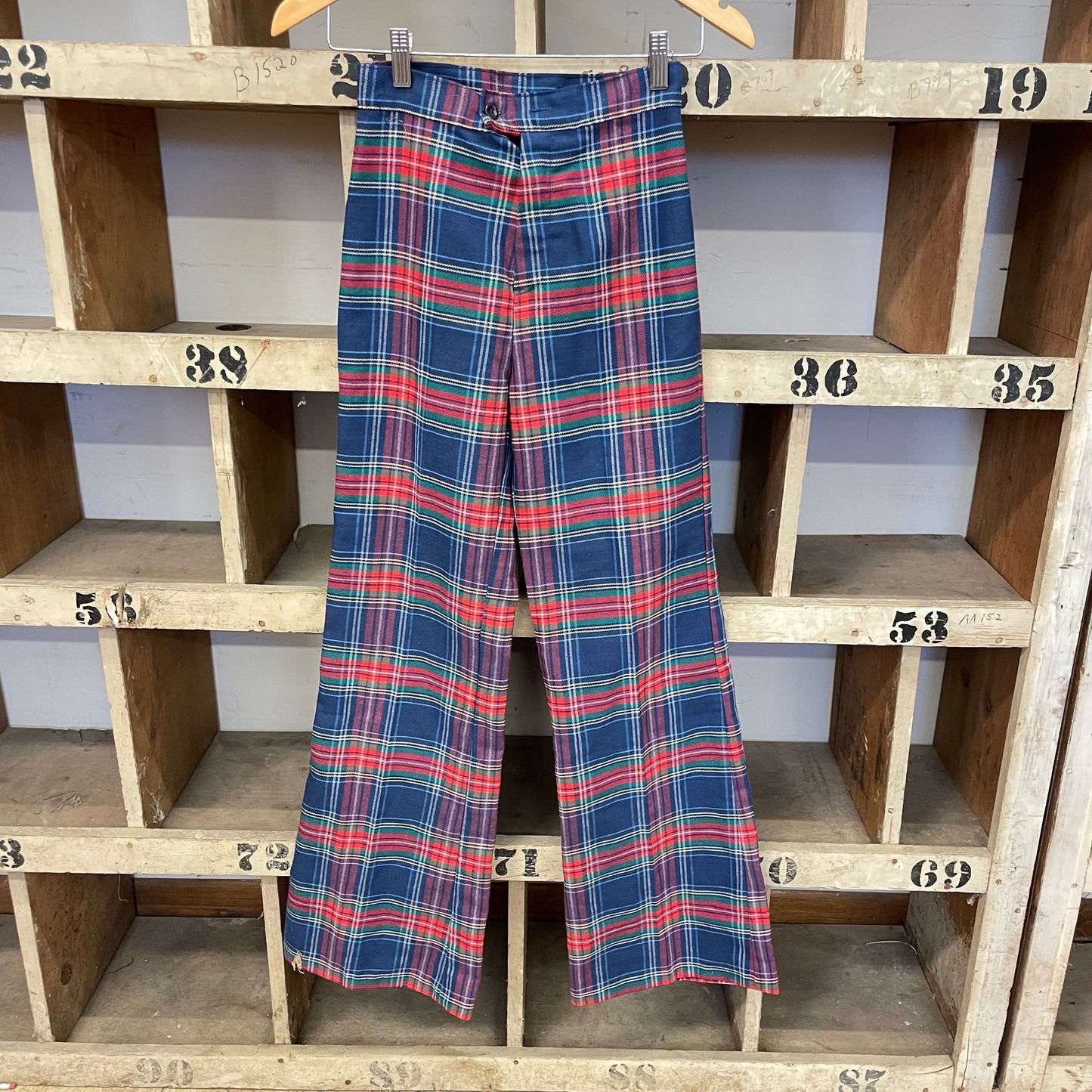 vtg 70s PLAID BELL BOTTOMS // vintage womens pants size 24 blue red plaid high rise hippie bare back mod psychedelic wide leg kick flares