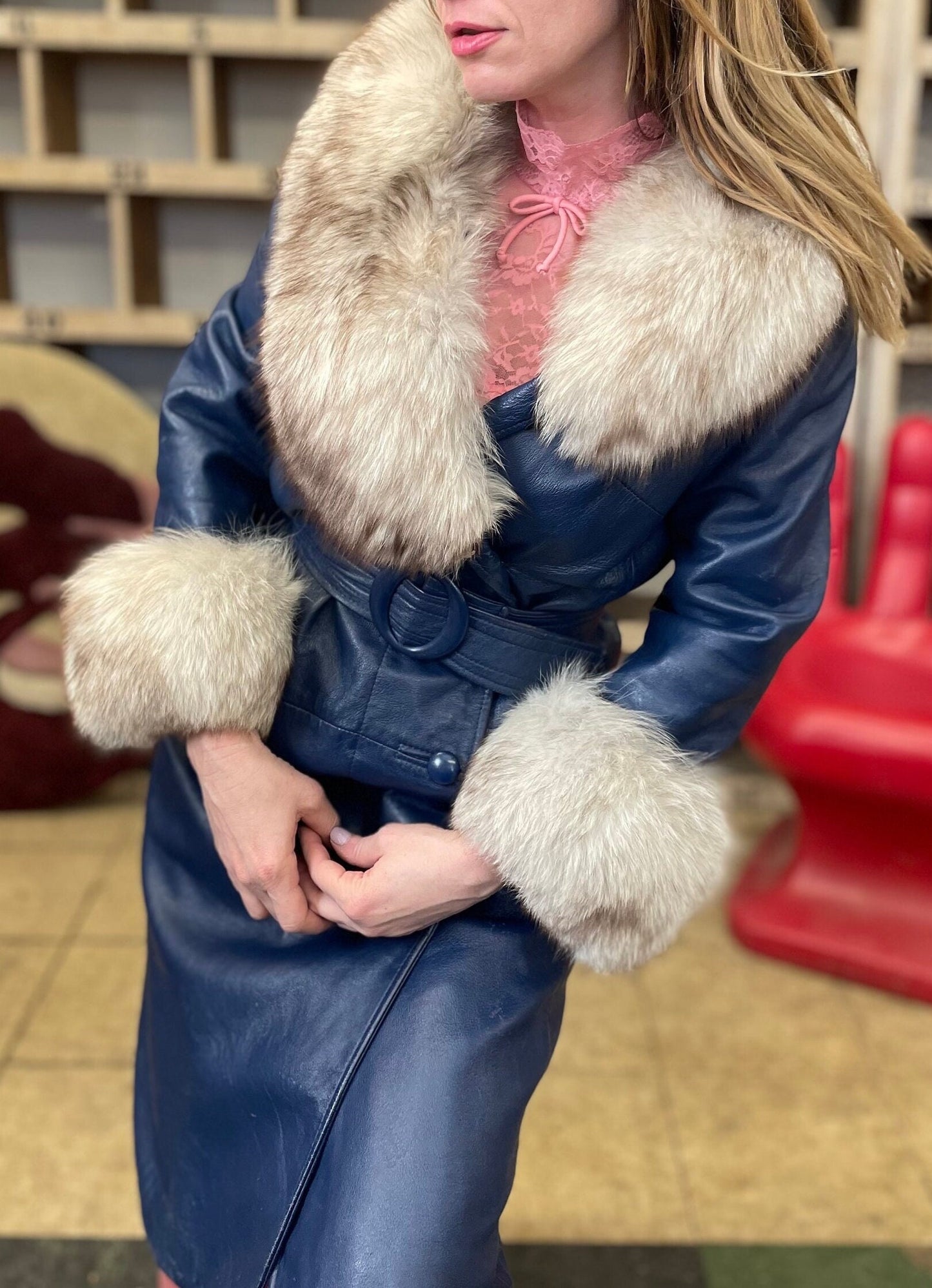 vtg 70s PENNY LANE COAT / vintage blue leather jacket oversized fur collar belt glam stroller coat movie rockstar groupie famous winter coat