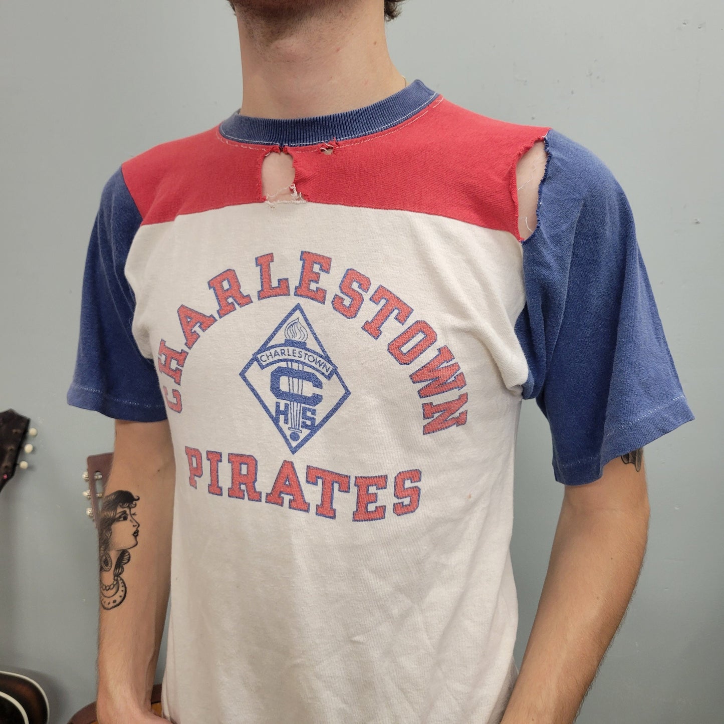vtg 70s PIRATES T-SHIRT // vintage distressed charlestown team ringer raglan school thrashed tri tone indiana usa champion small paper thin