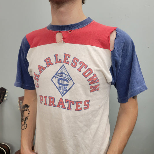 vtg 70s PIRATES T-SHIRT // vintage distressed charlestown team ringer raglan school thrashed tri tone indiana usa champion small paper thin
