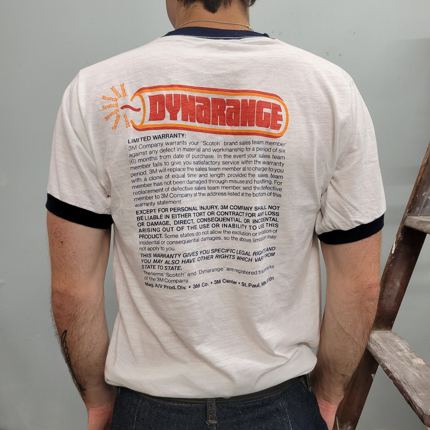 vtg 80s SCOTCH BRAND TSHIRT // vintage medium retro ringer cassette tape reel audio promo sony maxell music stereo sound dyn o mite dynamite