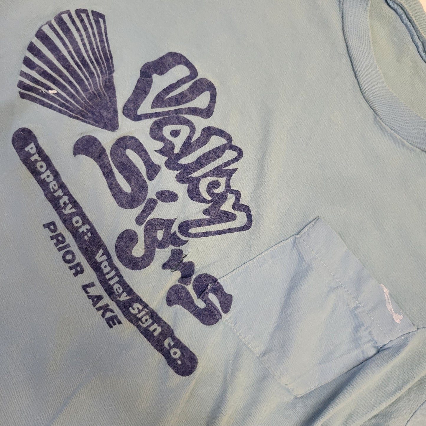 vtg 70s VALLEY SIGNS TSHIRT / vintage paper thin pastel blue thrashed distressed painters hipster rags medium pocket retro soft graphic tee