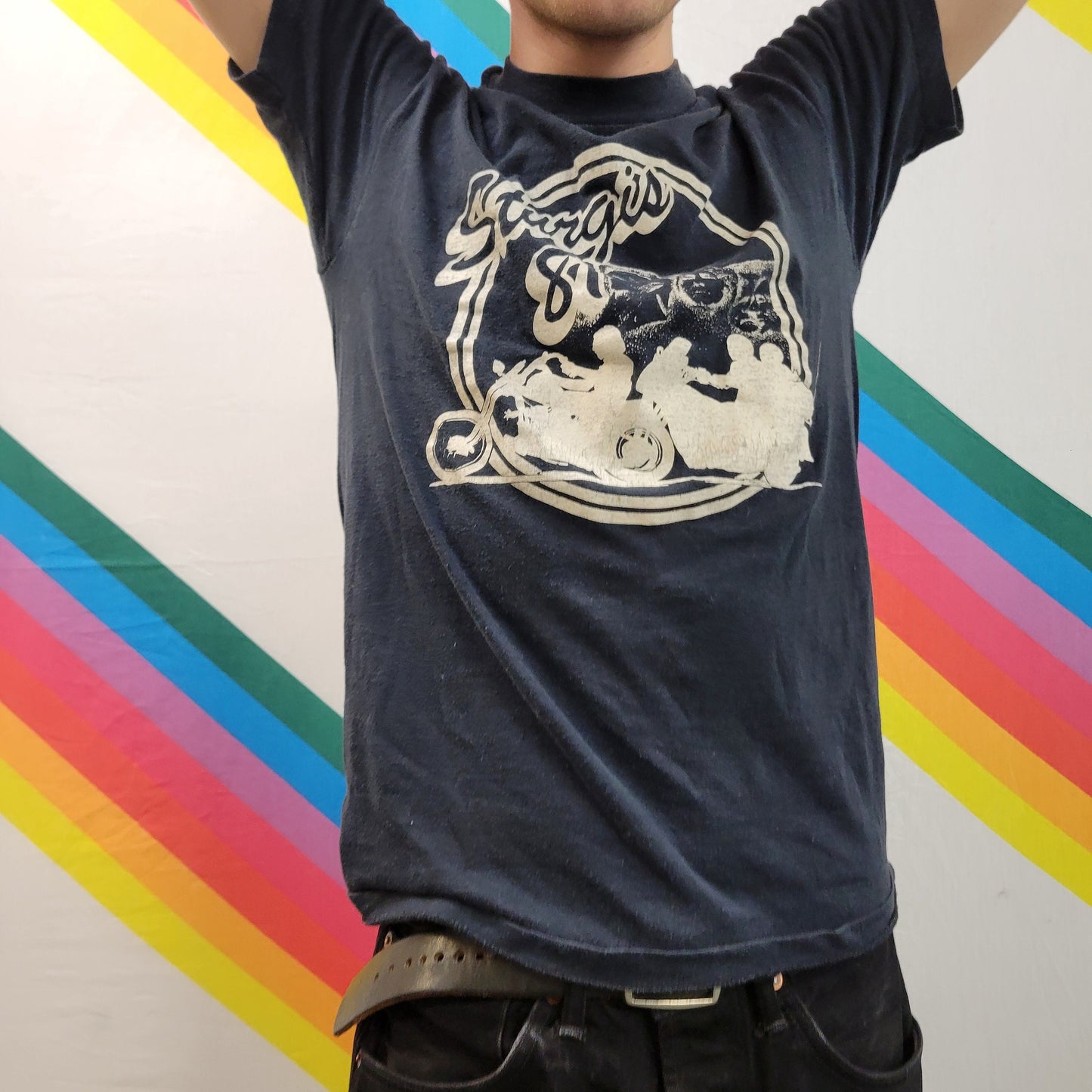 vtg 80s STURGIS BIKER TSHIRT // vintage harley davidson 1982 3d emblem sneakers medium black thin rocker tee motorcycle trip event strokes