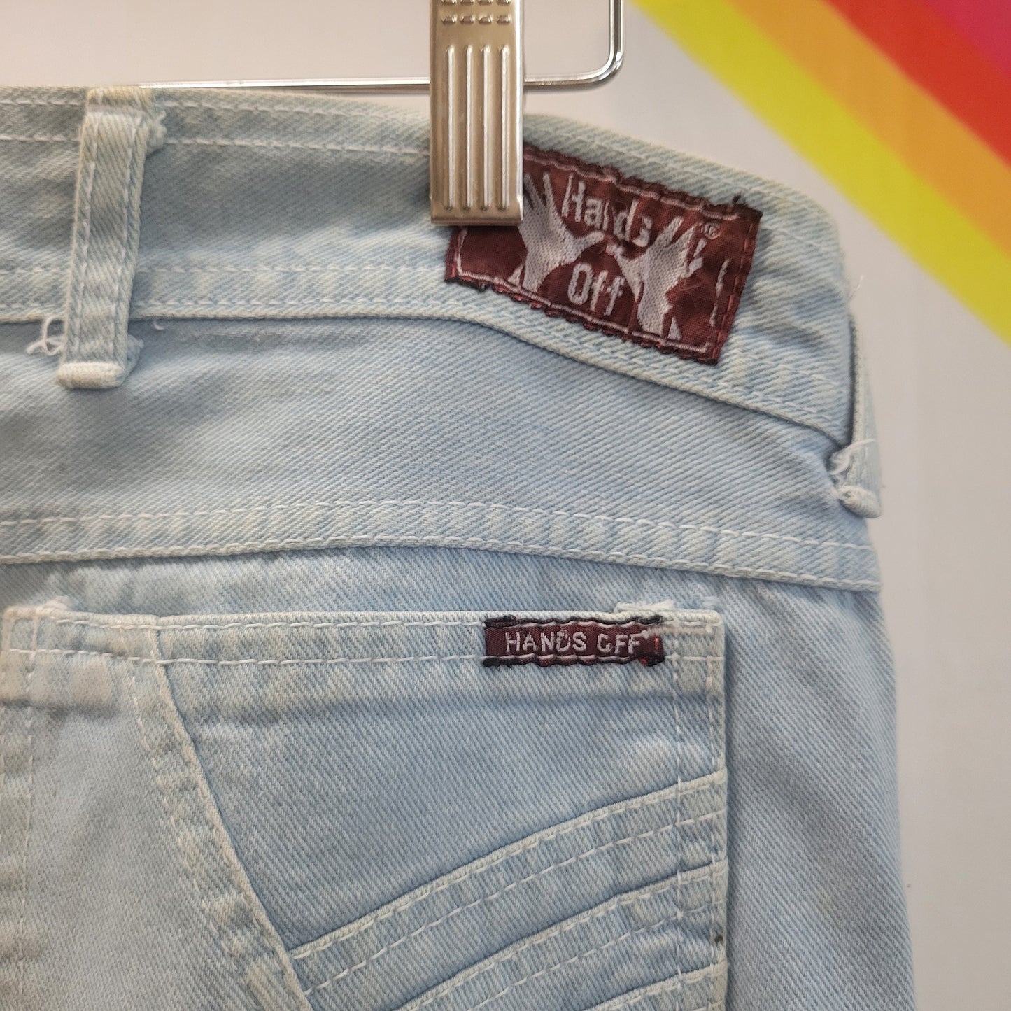 vtg 70s SEARS hands off FLARE JEANS 34 x 33 // vintage distressed denim boho straight leg boot cut bellbottoms light wash high rise denim