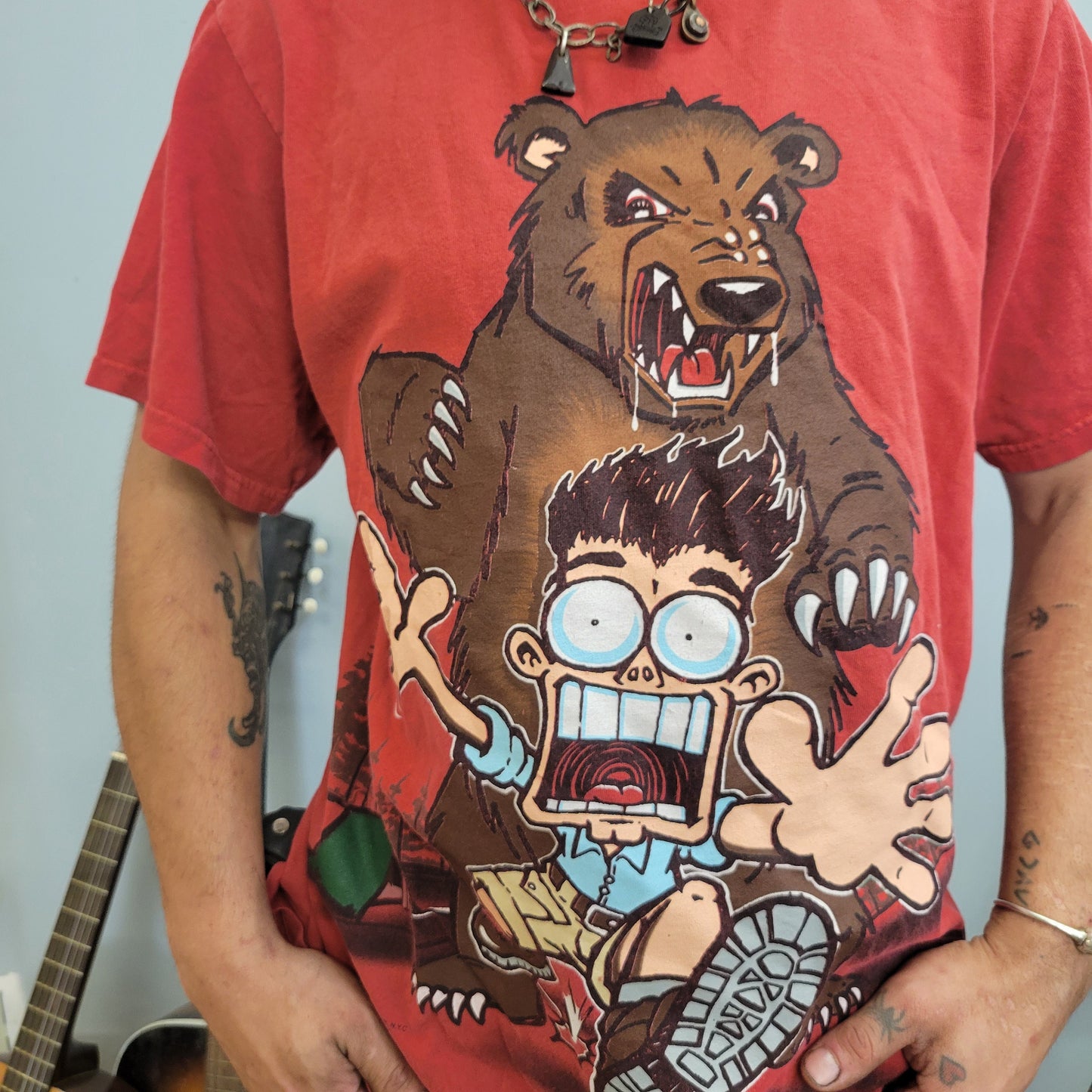 vtg 90s SCARED STIFF TSHIRT // vintage bear camp tent woods skater comic aop cartoon meme outdoors tourist crude maroon grunge punk tour