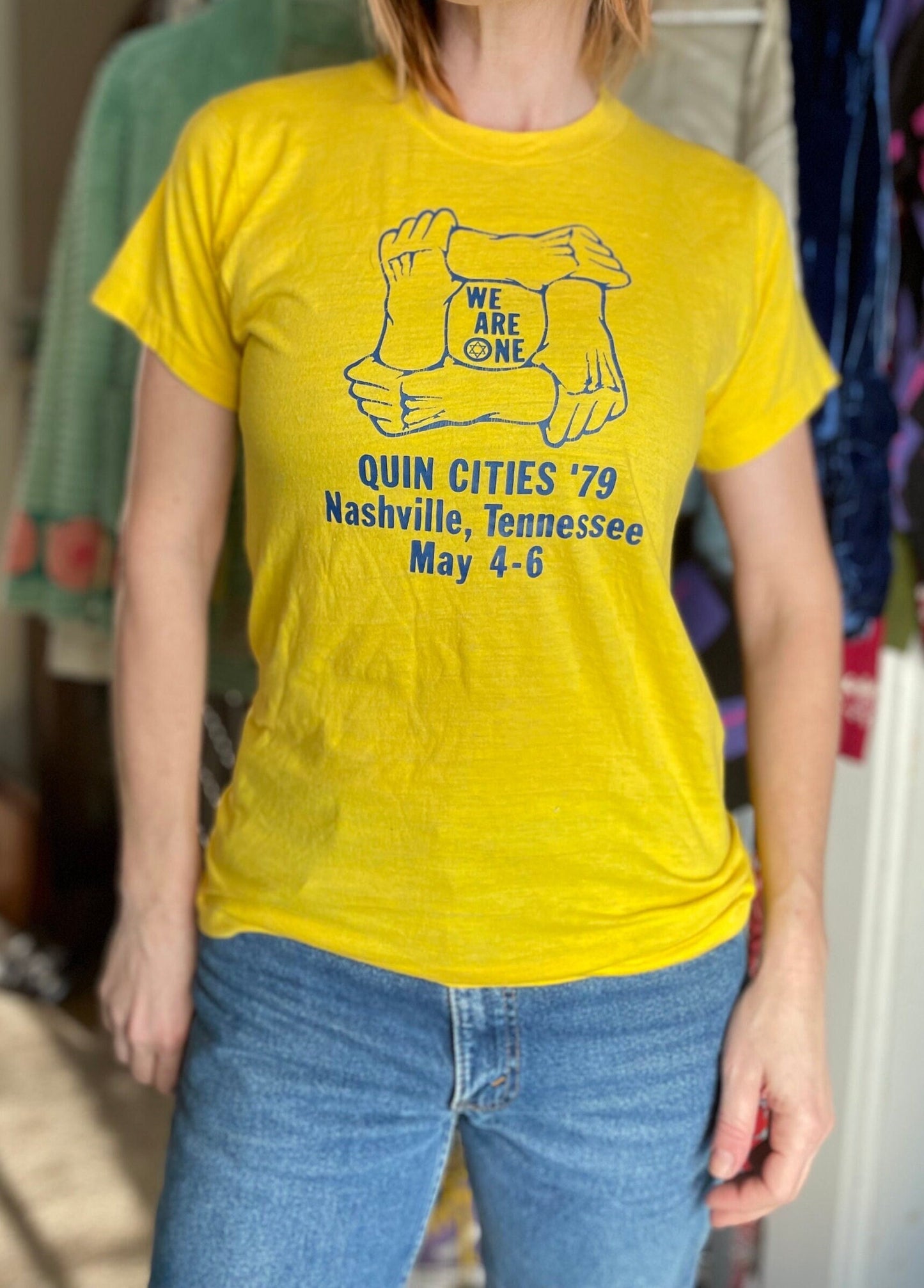 vtg 1979 WE ARE ONE shirt // vintage rachel graphic tee jewish star of david original tennessee bright yellow tshirt yellow 70s retro sketch