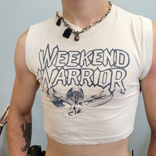 vtg 80s WEEKEND WARRIOR crop top // vintage slayer metal stranger things lost boys dungeons and dragons nerd sci-fi fantasy beer drunk femme