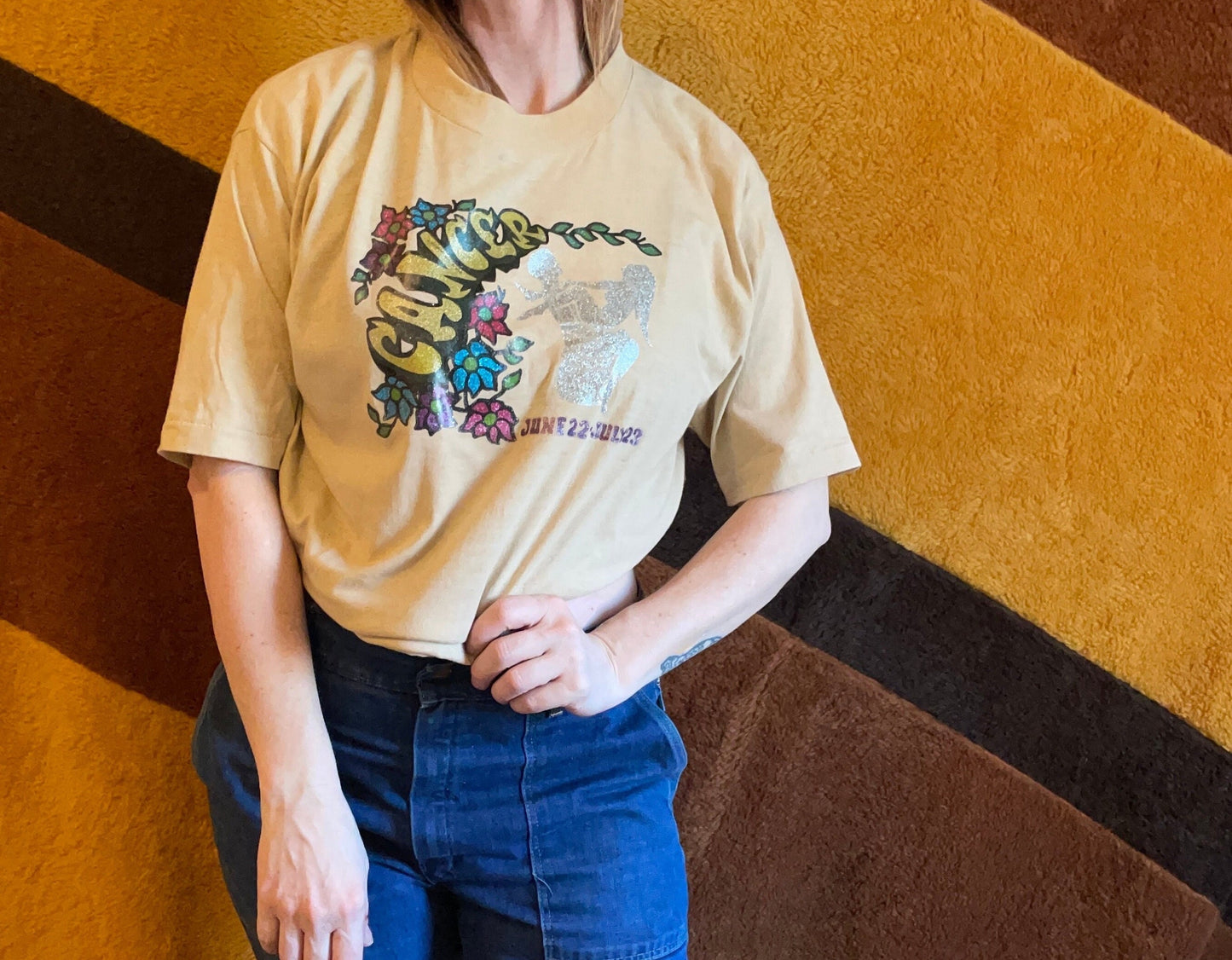 vtg 70s CANCER ZODIAC SIGN Shirt // vintage sportswear xl glitter iron on retro crab sexual position chart horoscope spiritual soft tshirt