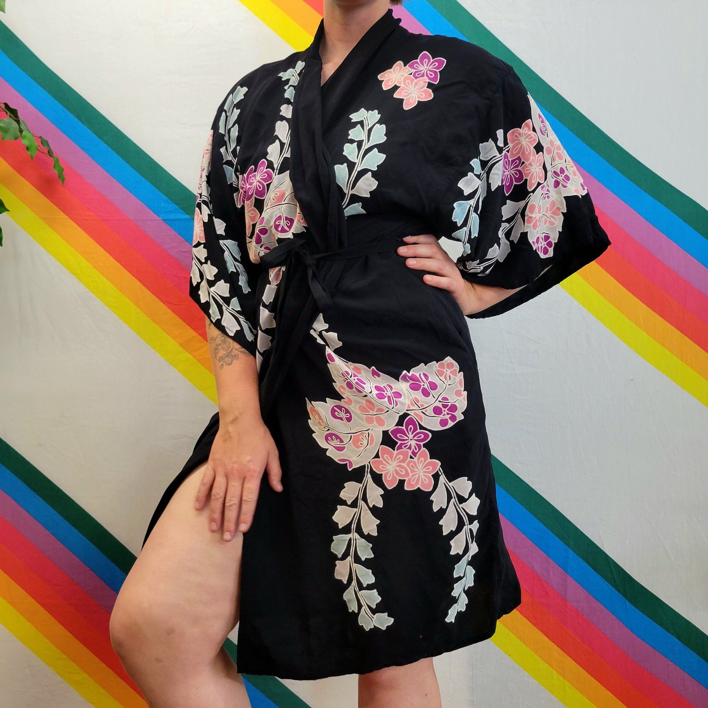 vtg 70s RAYON ROBE DRESS / belted black floral robe beach cover flowy mid length flowy lightweight summer kimono beach pajamas soft goth