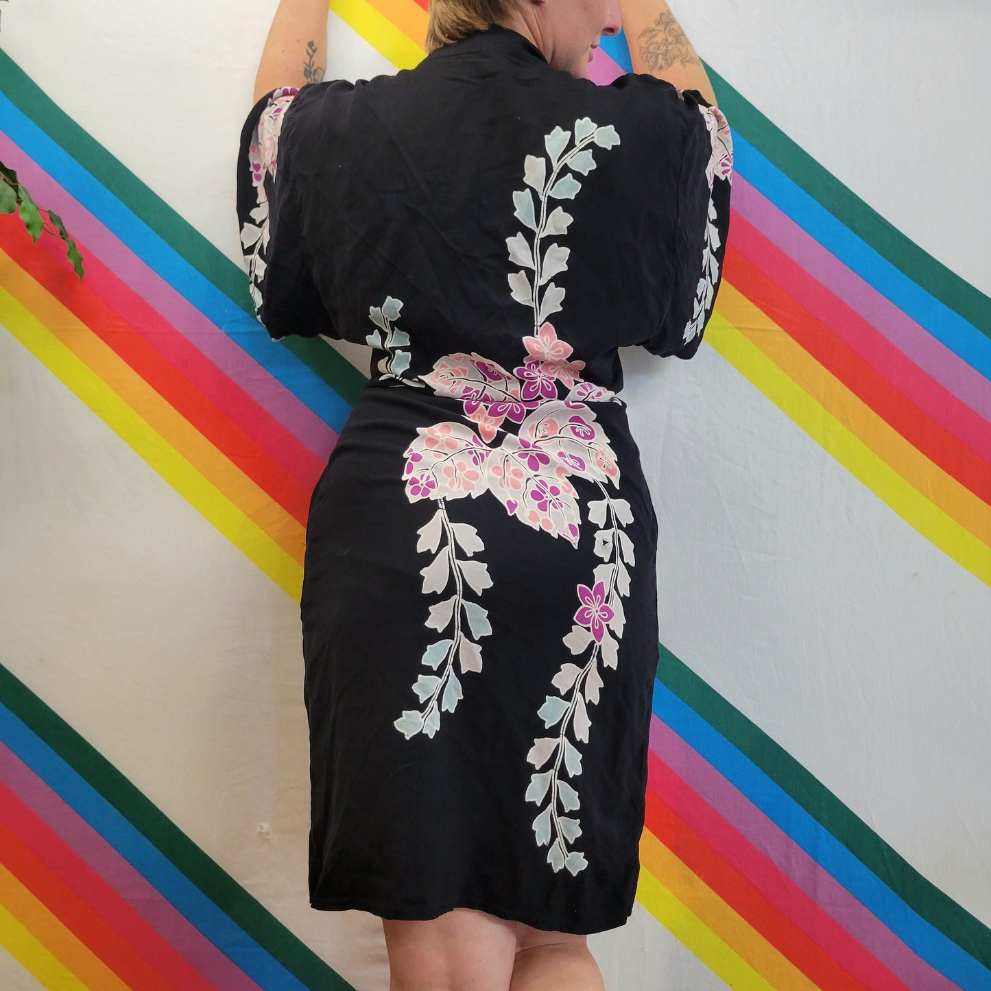 vtg 70s RAYON ROBE DRESS / belted black floral robe beach cover flowy mid length flowy lightweight summer kimono beach pajamas soft goth