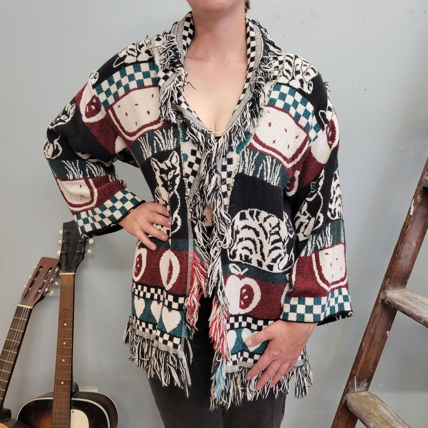 vtg 80s PATTERNED CAT CARDIGAN // cute afghan fringe sweater shaggy oversized teacher core all over print checkered apples warm knit jacket