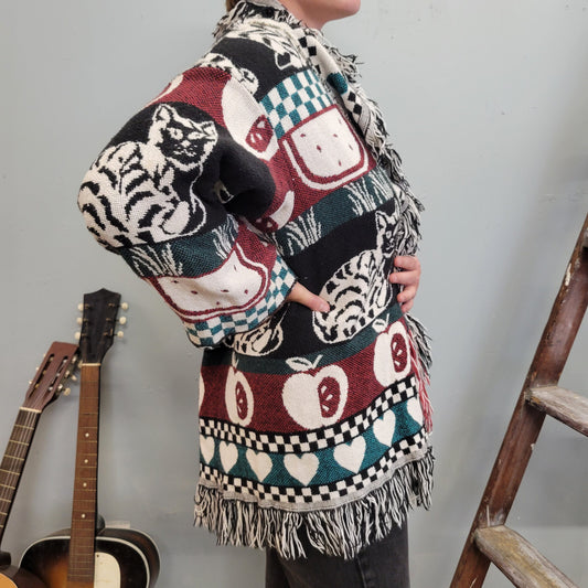 vtg 80s PATTERNED CAT CARDIGAN // cute afghan fringe sweater shaggy oversized teacher core all over print checkered apples warm knit jacket