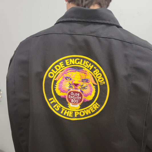 vtg 70s OLDE ENGLISH 800 JACKET / vintage 80s utility work gas shop coat employee beer malt liquor hip hop rap drink mascot patch name