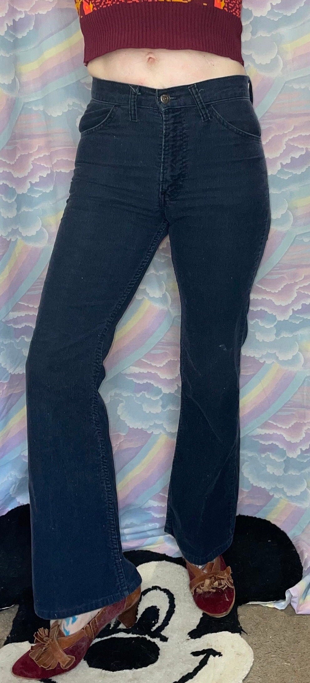 vtg 70s LEVIS CORDUROY PANTS 28 X 31//  navy blue flare white label boot cut corduroys wide leg high waisted hippie boho bell bottom